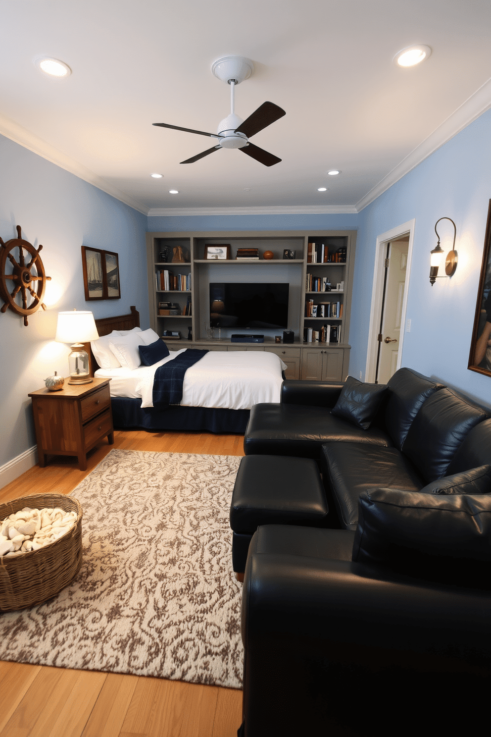 A serene bedroom inspired by nautical themes. The walls are painted in soft blue, adorned with maritime decor such as a ship wheel and framed vintage nautical maps. In the center, a king-sized bed features crisp white linens and a navy blue throw blanket. A rustic wooden nightstand holds a lantern-style lamp, while a woven basket filled with seashells sits beside it. A cozy man cave designed for relaxation and entertainment. The space boasts a large sectional sofa in dark leather, with a plush area rug anchoring the seating area. A wall-mounted flat-screen TV is framed by custom cabinetry filled with books and memorabilia. Ambient lighting from stylish sconces creates a warm atmosphere, perfect for game nights or movie marathons.