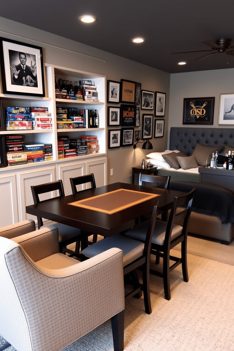 A cozy game table area designed for board games and cards. The table is made of dark wood, surrounded by comfortable upholstered chairs, with shelves filled with board games and card decks neatly organized nearby. A stylish bedroom man cave featuring a large, plush bed with a dark gray upholstered headboard. The walls are adorned with framed sports memorabilia, and a small bar cart sits in the corner, stocked with drinks and snacks for relaxation and entertainment.