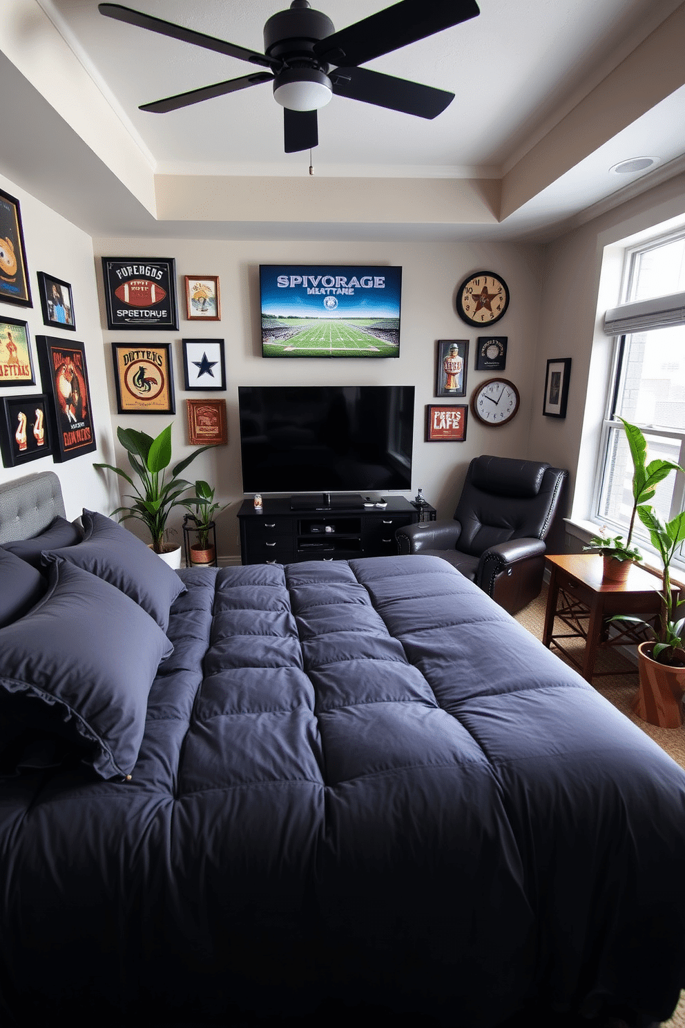 A cozy bedroom man cave featuring a plush king-size bed with dark gray bedding. The walls are adorned with framed vintage sports memorabilia, and a large flat-screen TV is mounted across from the bed. In one corner, a stylish recliner chair sits next to a wooden side table, perfect for relaxing with a drink. Potted plants are strategically placed around the room, adding a touch of greenery and life to the space.