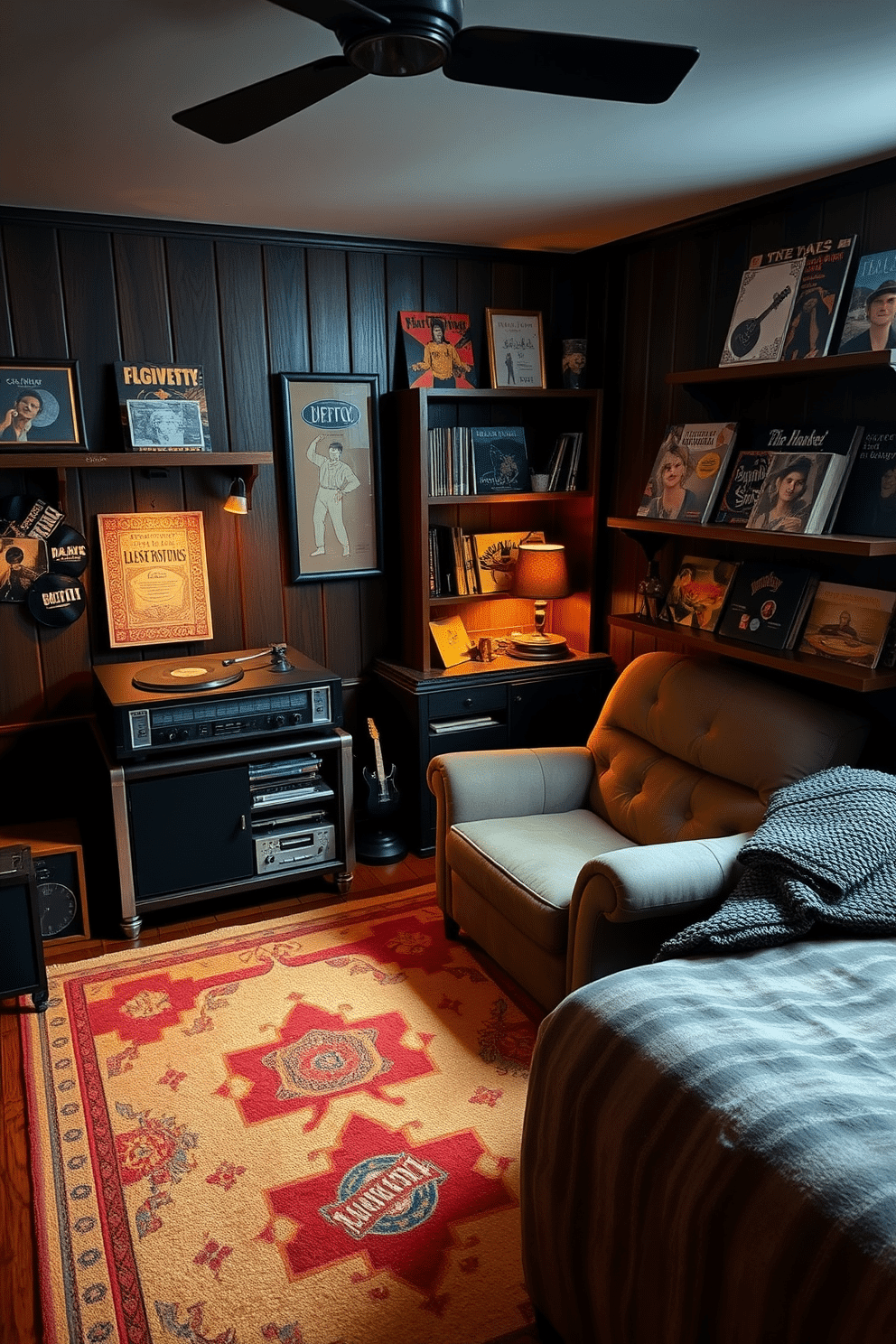 A cozy bedroom man cave featuring a vintage record player as the centerpiece. The walls are adorned with dark wood paneling, and a plush, oversized armchair sits in one corner, inviting relaxation. A retro-style rug in warm tones anchors the space, while shelves filled with vinyl records and music memorabilia line the walls. Soft, ambient lighting casts a warm glow, creating an inviting atmosphere for music lovers to unwind.