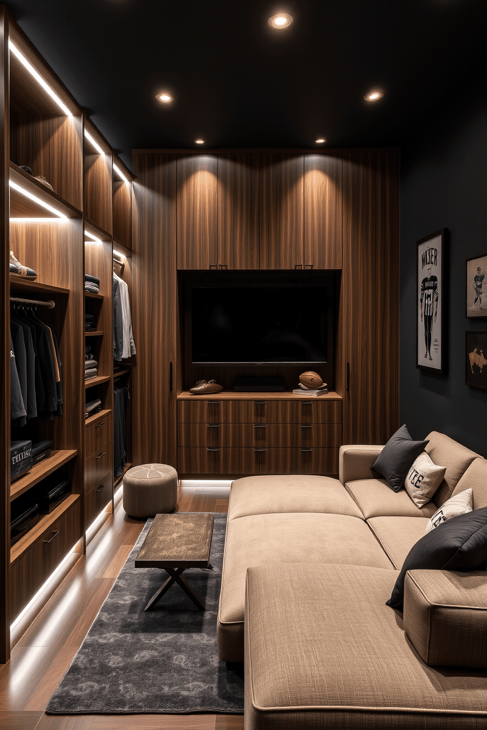 A custom closet designed for organized storage features a combination of open shelving and closed cabinetry, allowing for easy access to clothing and accessories. Soft LED lighting illuminates the space, highlighting the rich wood finishes and providing a warm ambiance. The bedroom man cave design incorporates plush seating with a contemporary sectional sofa and a large flat-screen TV mounted on the wall. Dark, moody colors dominate the space, complemented by a stylish area rug and framed sports memorabilia to create a cozy yet sophisticated retreat.