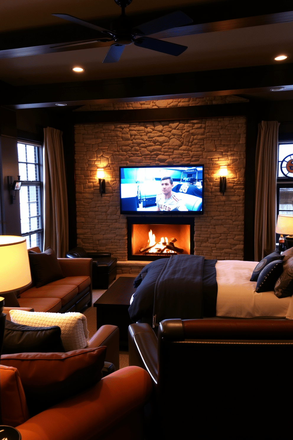 A cozy fireplace is the centerpiece of the room, surrounded by a rustic stone facade that enhances the warm ambiance. Plush seating in deep, rich colors invites relaxation, while soft lighting from sconces creates an inviting glow. The bedroom man cave features a sleek, dark wood bed frame with luxurious bedding in contrasting textures. A dedicated entertainment area with a large screen and comfortable seating is complemented by sports memorabilia and ambient lighting, creating a perfect retreat for leisure and relaxation.