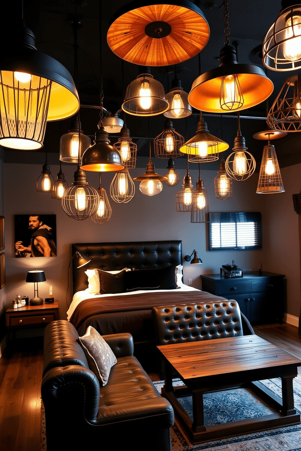 A striking array of unique light fixtures hangs from the ceiling, each one showcasing a different artistic design that brings character and warmth to the space. The fixtures vary in shape and size, creating an eclectic yet harmonious atmosphere that invites conversation and admiration. The bedroom man cave features a plush king-sized bed with a dark leather headboard, flanked by industrial-style nightstands made from reclaimed wood. A cozy seating area with a vintage leather sofa and a rustic coffee table is positioned in front of a sleek entertainment center, creating the perfect retreat for relaxation and entertainment.