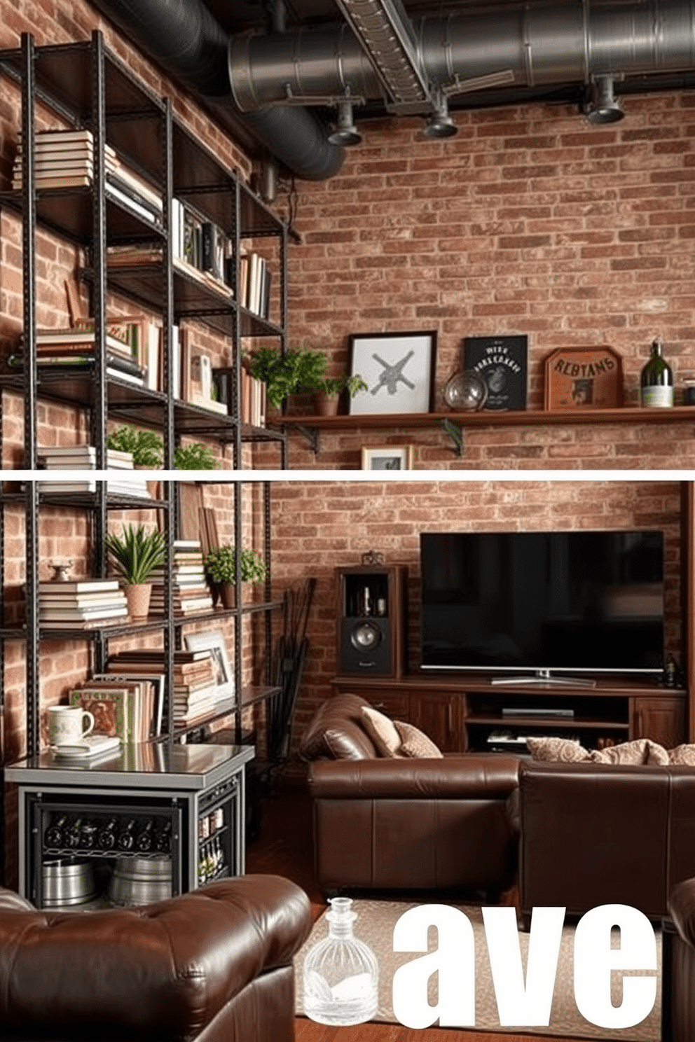 A rugged industrial space featuring metal shelving units against exposed brick walls. The shelves are filled with an eclectic mix of books, plants, and vintage collectibles, creating a stylish and functional storage solution. A cozy man cave designed for relaxation and entertainment, featuring a plush leather sofa and a large flat-screen TV. Dark wood accents and ambient lighting create a warm atmosphere, complemented by a mini bar stocked with drinks and snacks.