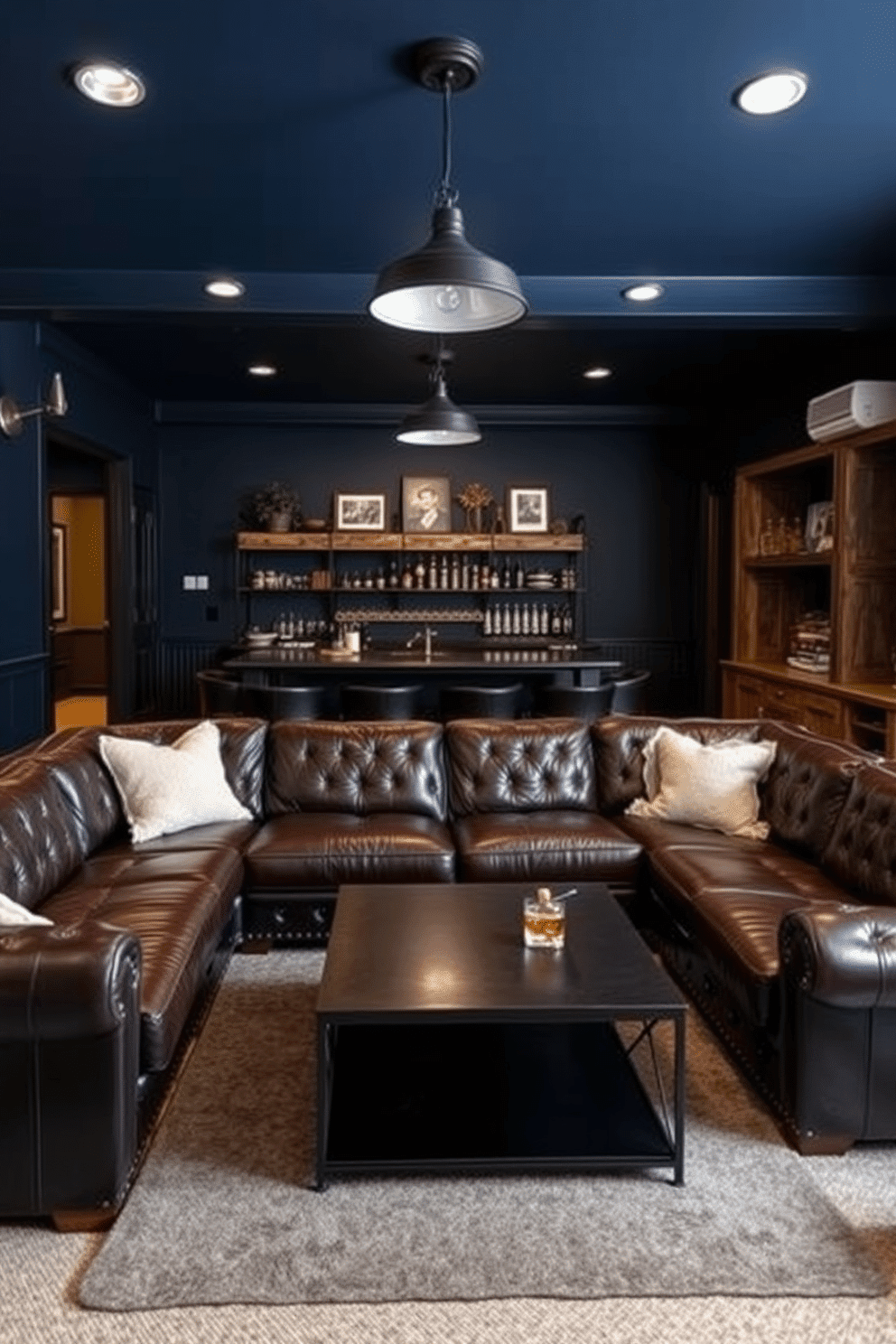 A cozy man cave designed with dark paint colors creates an inviting and masculine atmosphere. The walls are painted in deep navy blue, complemented by rich leather furniture and industrial-style lighting fixtures. A large, plush sectional sofa is positioned around a sleek coffee table, perfect for entertaining friends. Dark wood accents, such as a reclaimed wood bar and shelving, add warmth and character to the space.