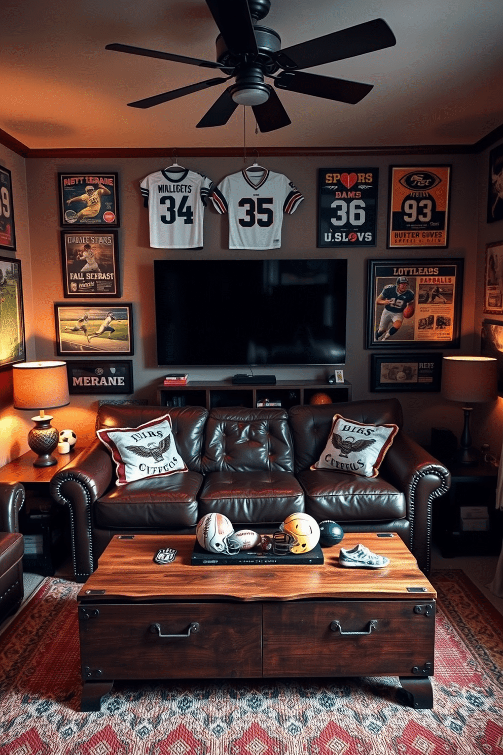 A cozy bedroom man cave featuring vintage sports memorabilia as decor. The walls are adorned with framed jerseys and classic sports posters, creating a nostalgic atmosphere. A plush leather sofa sits in the center, complemented by a rustic wooden coffee table displaying collectible sports items. Ambient lighting from stylish lamps enhances the inviting vibe, while a large flat-screen TV is mounted on the wall for game days.