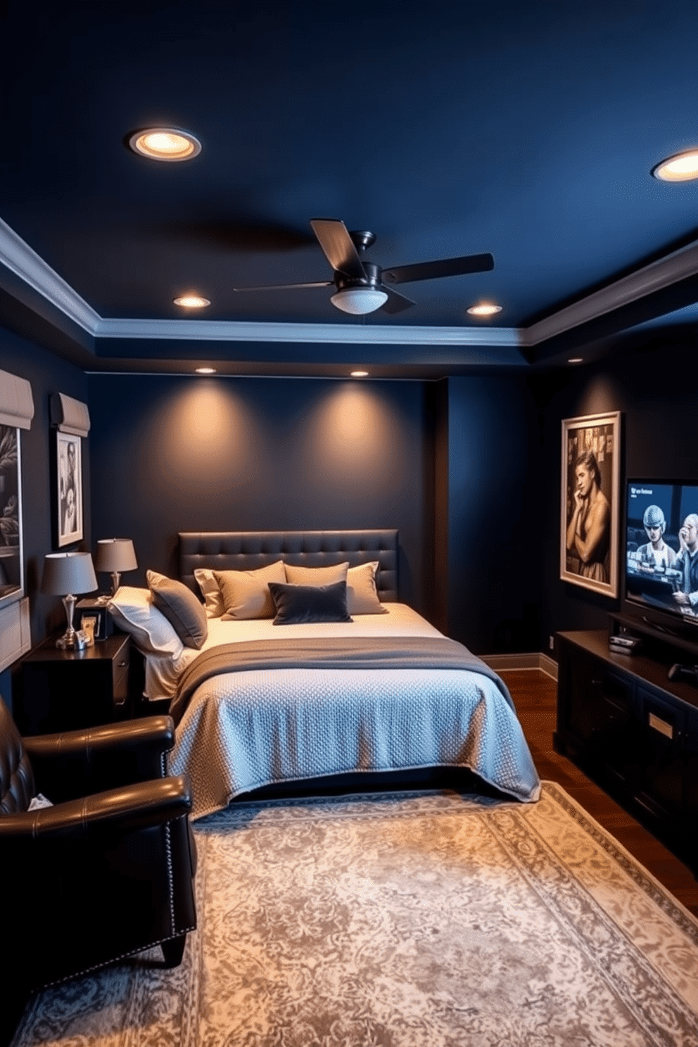 A cozy bedroom man cave featuring mood lighting with dimmable fixtures that create a warm and inviting atmosphere. The room is furnished with a plush king-sized bed, surrounded by dark wood nightstands and a stylish leather armchair in the corner. The walls are painted a deep navy blue, complemented by soft gray accents throughout the decor. A large area rug anchors the space, while a sleek entertainment center holds a flat-screen TV and gaming consoles, perfect for relaxation and entertainment.