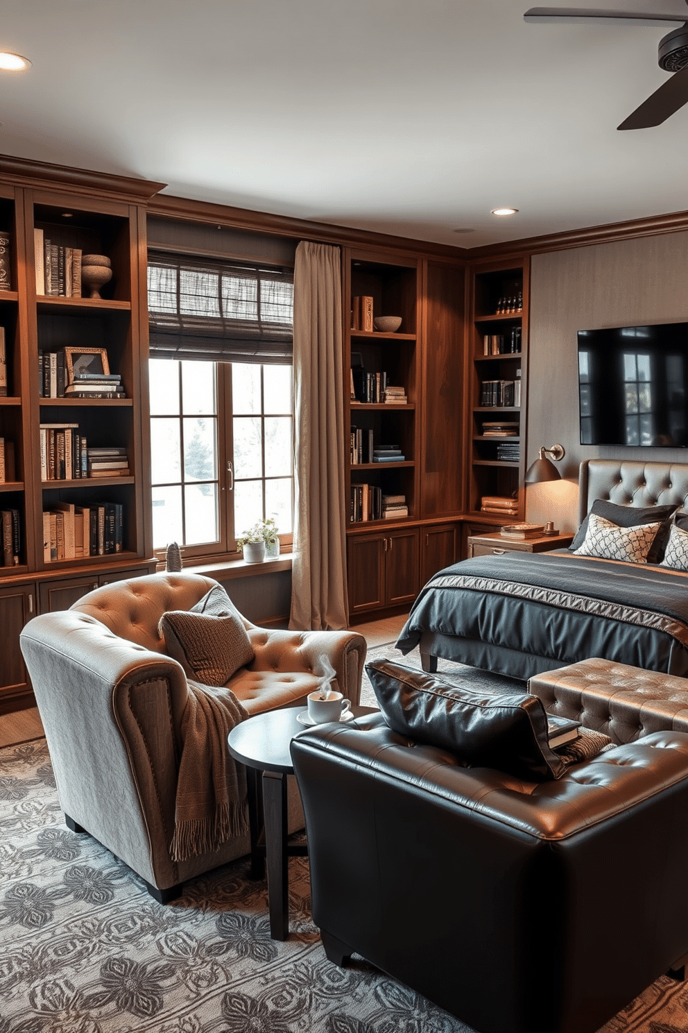 Cozy reading nook with built-in shelves. A plush armchair in a soft fabric is positioned next to a large window, offering ample natural light. The walls are lined with built-in wooden shelves filled with books and decorative items, creating an inviting atmosphere. A small side table holds a steaming cup of tea and a cozy throw blanket drapes over the armchair. Bedroom Man Cave Design Ideas. The room features a king-sized bed with a tufted headboard and luxurious bedding in deep, rich colors. A seating area with a leather sofa and a vintage coffee table creates a relaxed vibe, while a large flat-screen TV is mounted on the wall for entertainment.