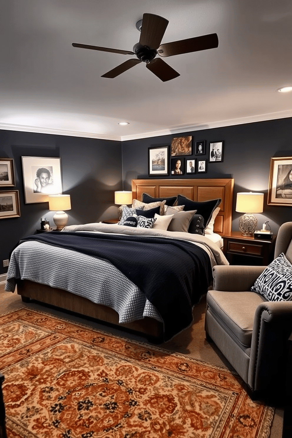 A cozy bedroom man cave featuring a plush king-sized bed adorned with textured throw blankets and an array of decorative pillows in various shades of gray and navy. The walls are painted a deep charcoal, complemented by warm wood accents and soft ambient lighting from stylish bedside lamps. In one corner, a comfortable reading nook is created with a large armchair and a small side table, inviting relaxation. A vintage rug anchors the space, while framed artwork and personal memorabilia decorate the walls, adding character and warmth to the man cave.