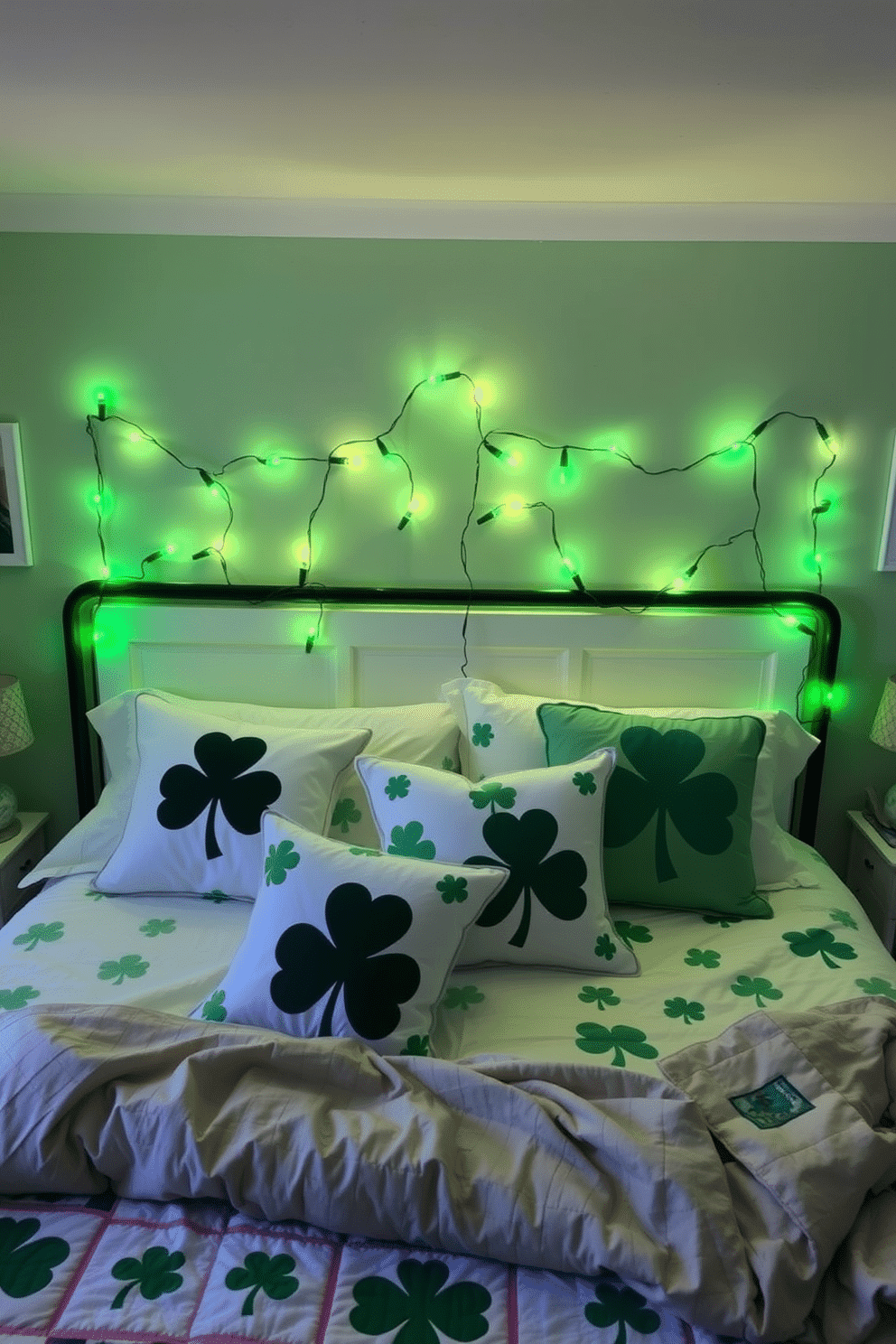 A cozy bedroom adorned for St. Patrick's Day, featuring green shamrock string lights draped elegantly across the headboard. The soft glow of the lights complements the pastel green walls, while festive decorations like shamrock-patterned cushions and a playful quilt add a touch of holiday cheer.