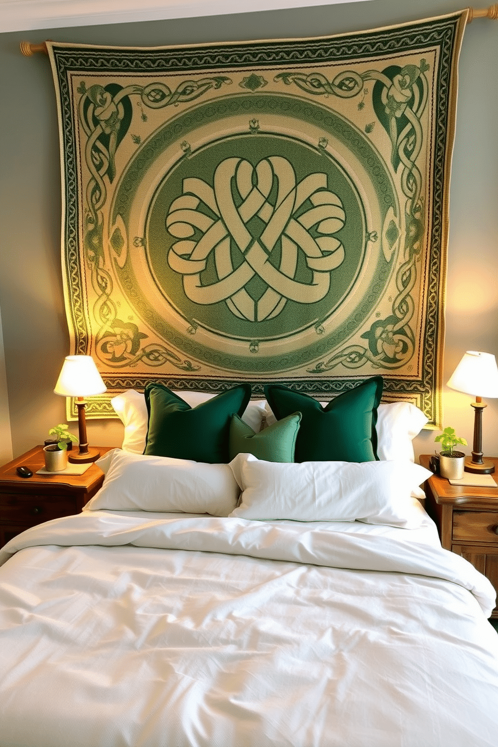 A cozy bedroom adorned with a large Celtic knot wall tapestry that serves as a focal point behind the bed. The tapestry features intricate designs in shades of green and gold, harmonizing with the room's St. Patrick's Day theme. The bed is dressed in soft, cream-colored linens with green accent pillows, creating a serene atmosphere. On either side of the bed, rustic wooden nightstands hold small potted shamrocks and warm, ambient lighting for a welcoming touch.