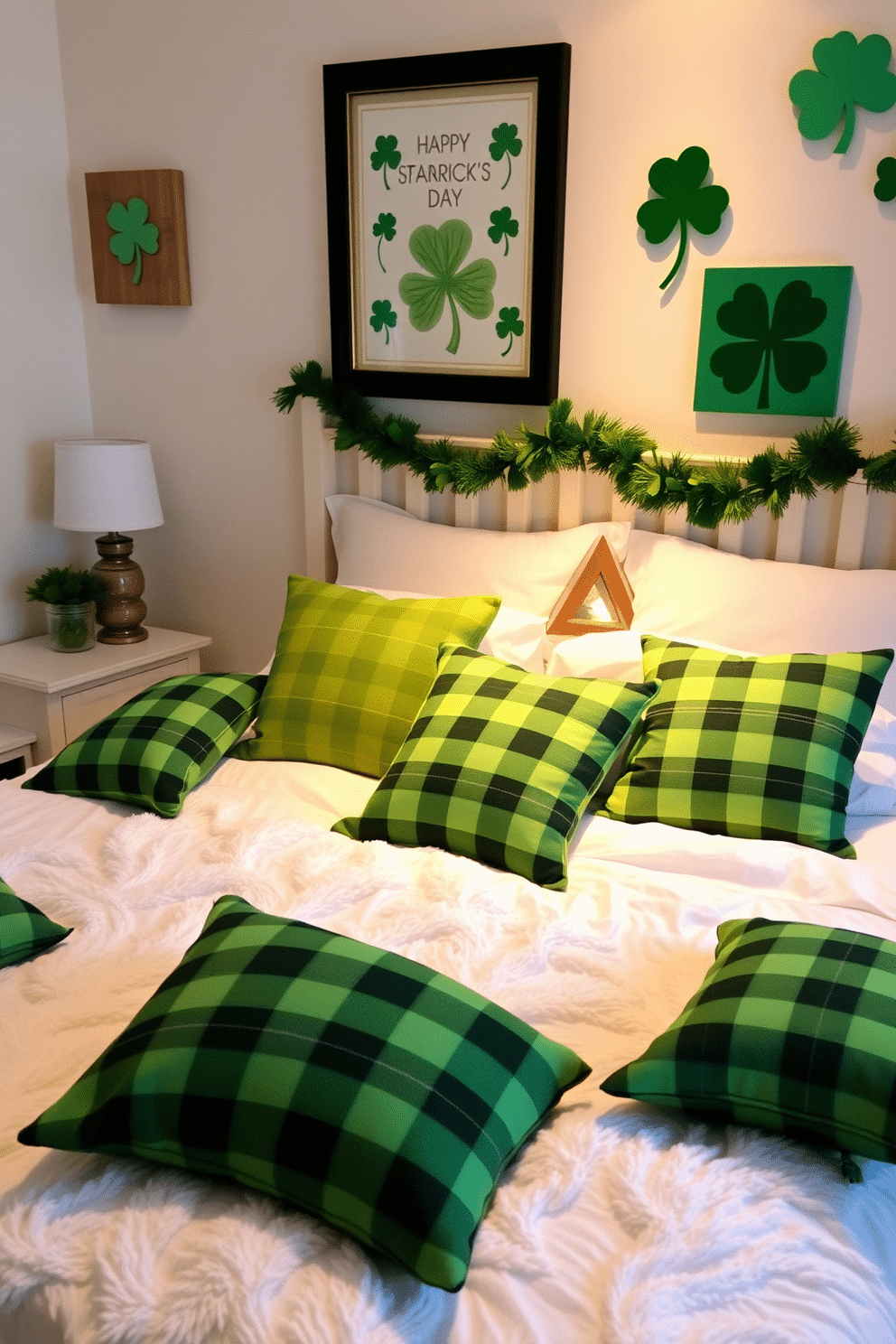 A cozy bedroom setting adorned with plaid green throw pillows scattered across a plush white bedspread. Soft, ambient lighting highlights the cheerful St. Patrick's Day decorations, including shamrock-themed wall art and a festive garland draped above the headboard.