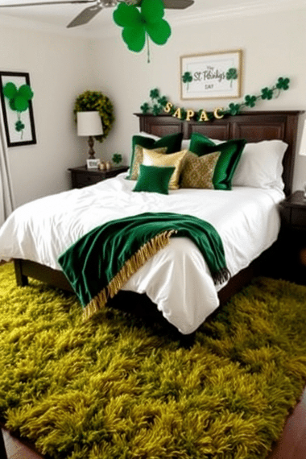 A cozy bedroom decorated for St. Patrick's Day features a lush green and gold area rug that adds warmth and vibrancy to the space. The bed is adorned with crisp white linens and a collection of green and gold throw pillows, creating a festive yet elegant atmosphere.