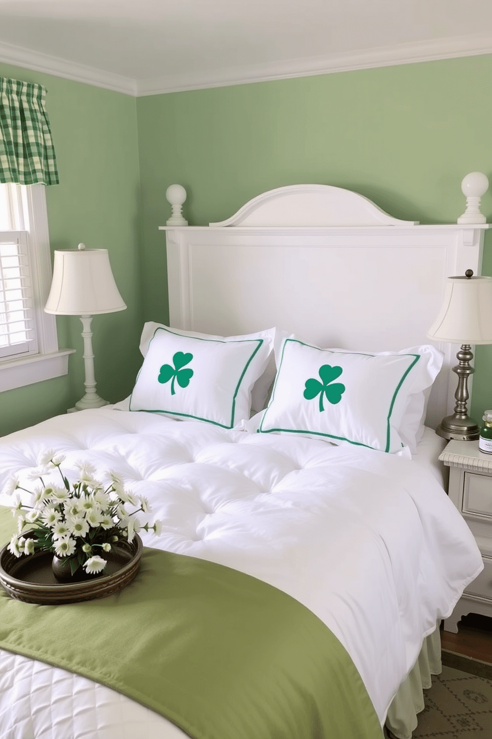 A charming bedroom adorned for St. Patrick's Day, featuring shamrock embroidered pillowcases on a plush white duvet. The walls are painted a soft pastel green, and a small arrangement of fresh white daisies sits on the nightstand next to a vintage lamp.