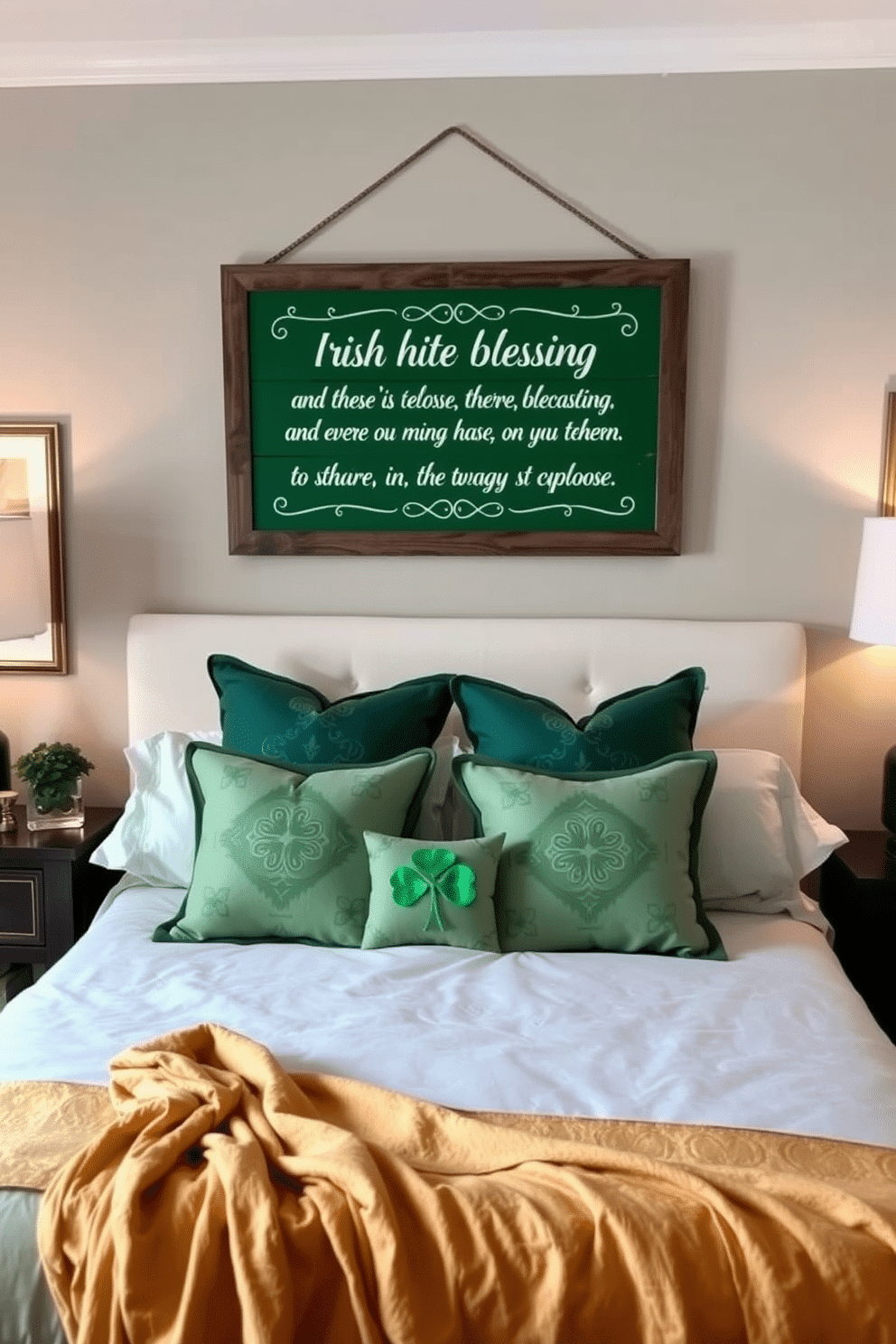 A charming bedroom adorned with an Irish blessing wall sign, elegantly framed in rustic wood. The sign is hung above a plush bed dressed in soft, green linens, with decorative pillows featuring Celtic patterns. The room is decorated with subtle St. Patrick's Day accents, including a small arrangement of fresh shamrocks on the nightstand. A cozy throw blanket in shades of gold and green is draped over the foot of the bed, creating a warm and inviting atmosphere.