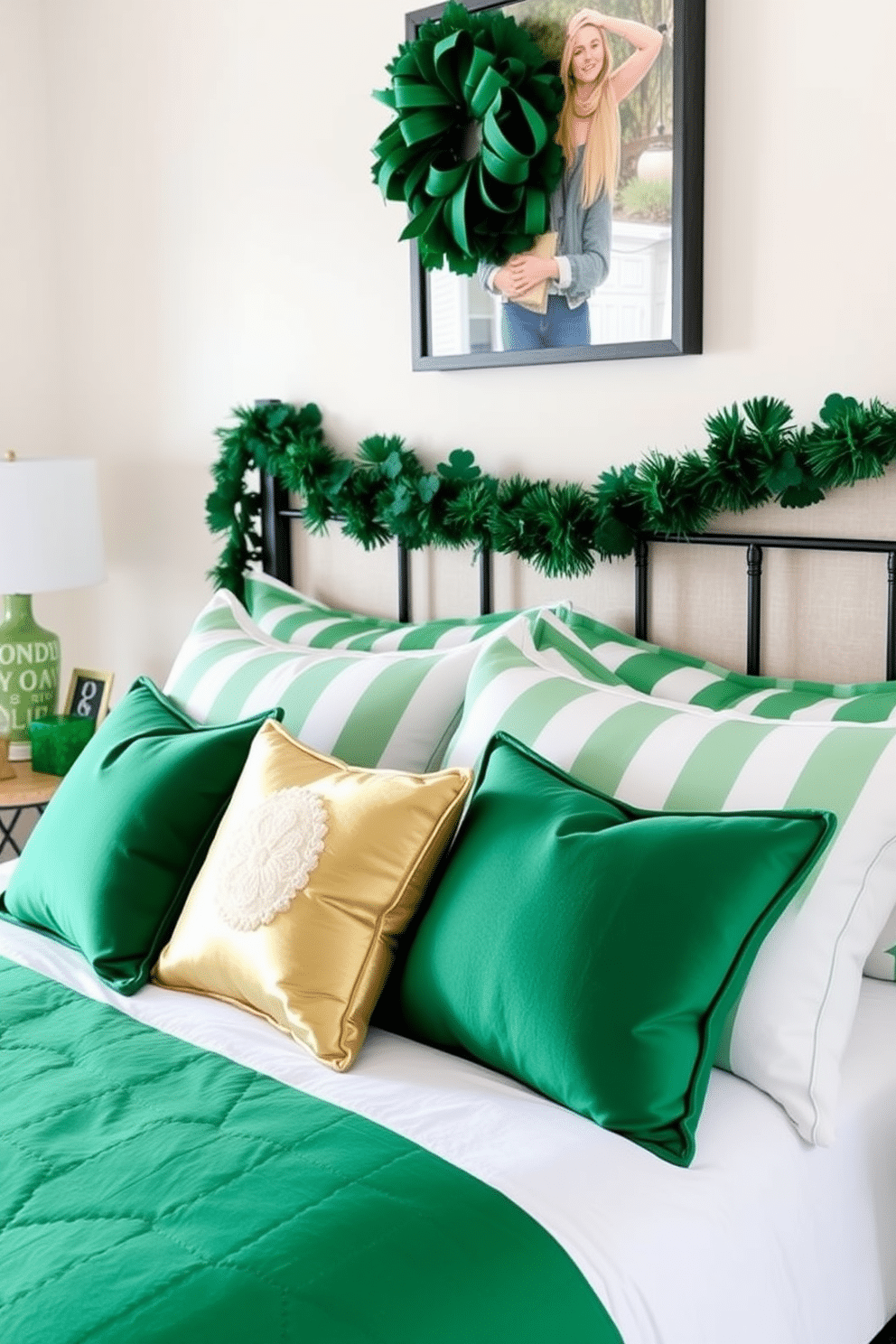 A cozy bedroom featuring green and white striped bedding that adds a fresh, vibrant touch to the space. Accents of gold and deep green decorations celebrate St. Patrick's Day, with shamrock-themed pillows and a festive garland adorning the headboard.