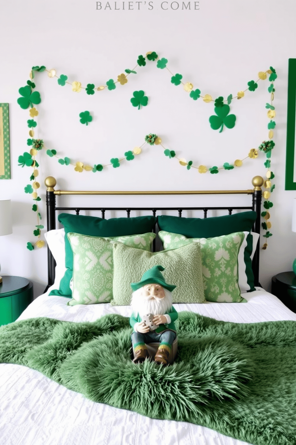 A whimsical bedroom adorned with St. Patrick's Day decor featuring a charming leprechaun figurine sitting on a plush green throw at the foot of the bed. The walls are embellished with festive green and gold accents, while a cheerful garland of shamrocks hangs above the headboard, creating a playful and inviting atmosphere.