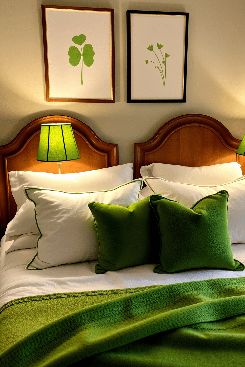 A serene bedroom ambiance highlighted by moss green bedside lamps that emit a soft, warm glow. The lamps are paired with elegant wooden nightstands, creating a cohesive and inviting look. For St. Patrick's Day, the bedroom features tasteful decorations such as subtle green and gold accents, including throw pillows and a cozy blanket. Delicate shamrock motifs are incorporated into artwork, adding a festive yet sophisticated touch.