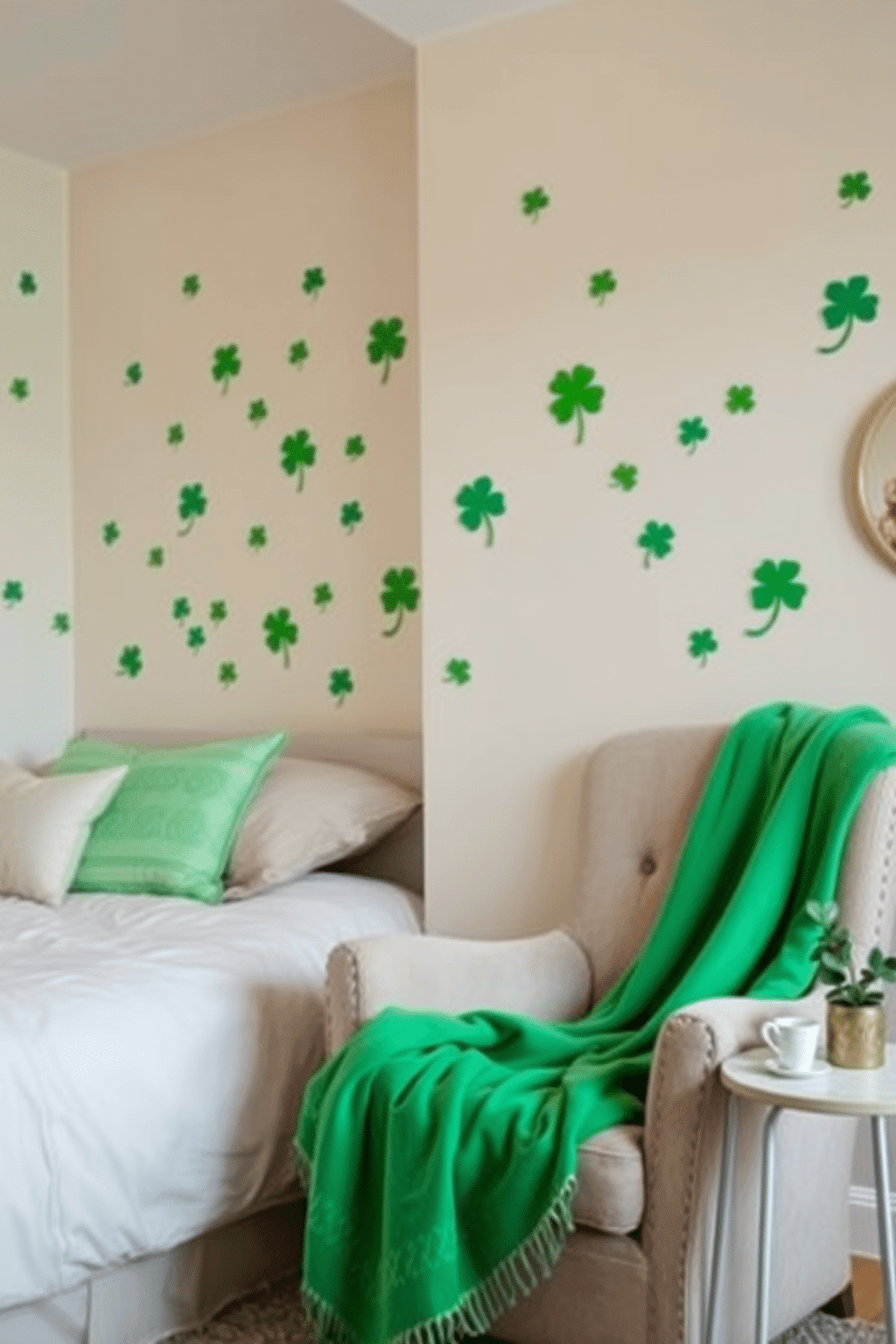 A whimsical bedroom adorned with lucky clover wall stickers, creating a festive atmosphere for St. Patrick's Day. The walls are painted a soft pastel color, and the stickers are arranged playfully around the bed, enhancing the cheerful theme. A cozy reading nook features a plush armchair draped with a green throw blanket, inviting relaxation. A small side table holds a cup of tea and a decorative clover plant, adding to the charming decor.