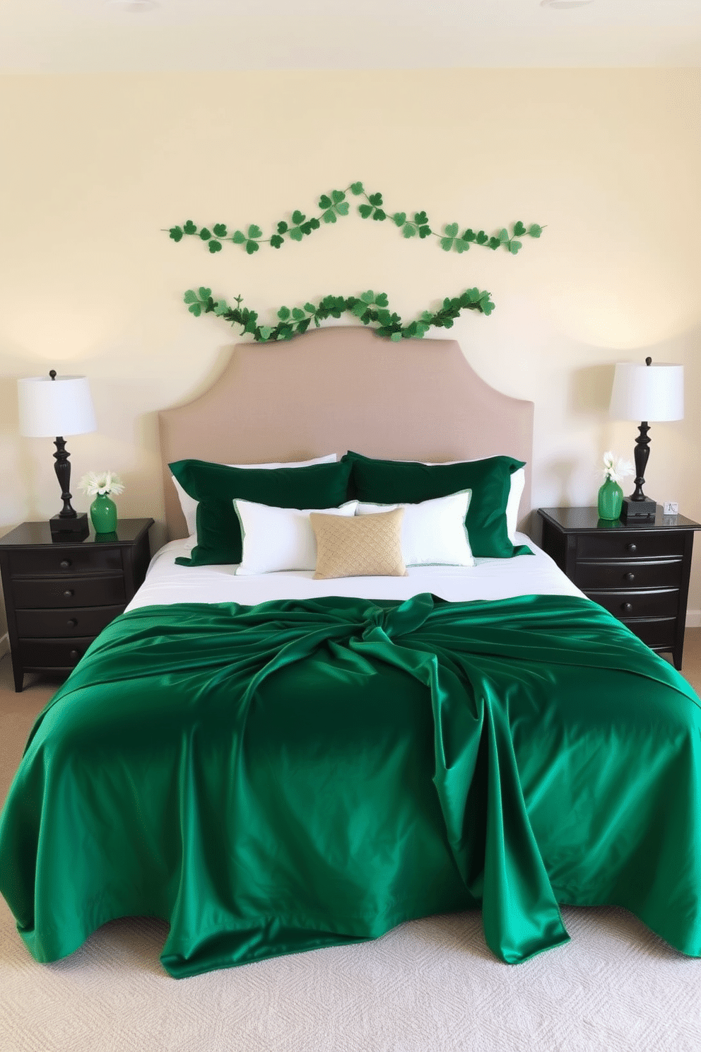 A cozy bedroom adorned for St. Patrick's Day features an emerald green bedspread draped elegantly over a plush king-size bed. Flanking the bed are two stylish nightstands, each topped with a whimsical lamp and a small arrangement of white daisies in a green vase. The walls are painted a soft cream, providing a warm backdrop that complements the rich green accents. A decorative shamrock garland hangs above the headboard, adding a festive touch to the serene atmosphere.