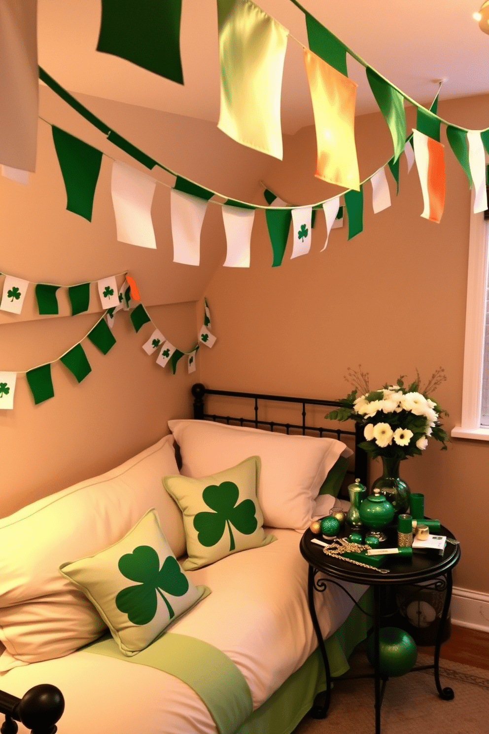 A cozy bedroom adorned with Irish flag bunting, creating a festive atmosphere for St. Patrick's Day. The bunting is draped across the walls, complementing soft green bedding and decorative pillows featuring shamrock patterns. In one corner, a small table displays a collection of green and gold decorative items, including a vase of fresh flowers. The room is illuminated by warm, ambient lighting, enhancing the cheerful holiday spirit.