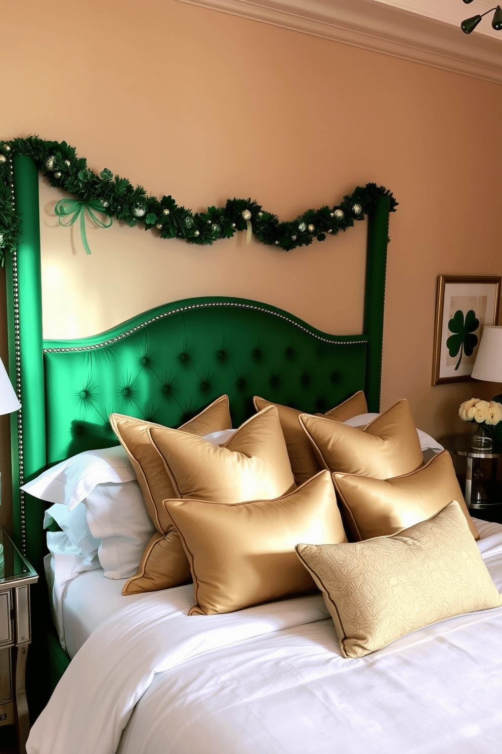 A luxurious bedroom featuring a green velvet headboard that serves as the focal point of the room. The bed is adorned with crisp white linens and an array of decorative pillows in shades of gold and cream. The walls are painted a soft, warm beige, creating a cozy atmosphere, while St. Patrick's Day decorations add a festive touch. Subtle accents include shamrock-themed artwork and a garland of green and gold around the headboard, enhancing the overall charm of the space.