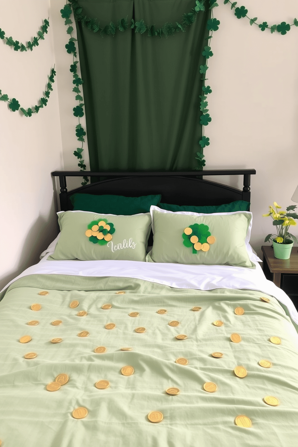 A cozy bedroom adorned for St. Patrick's Day features a soft green bedspread with gold coin scatter decor artfully arranged across the pillows. The walls are decorated with whimsical shamrock garlands, and a small potted plant with vibrant green leaves sits on the nightstand, adding a touch of freshness to the festive atmosphere.