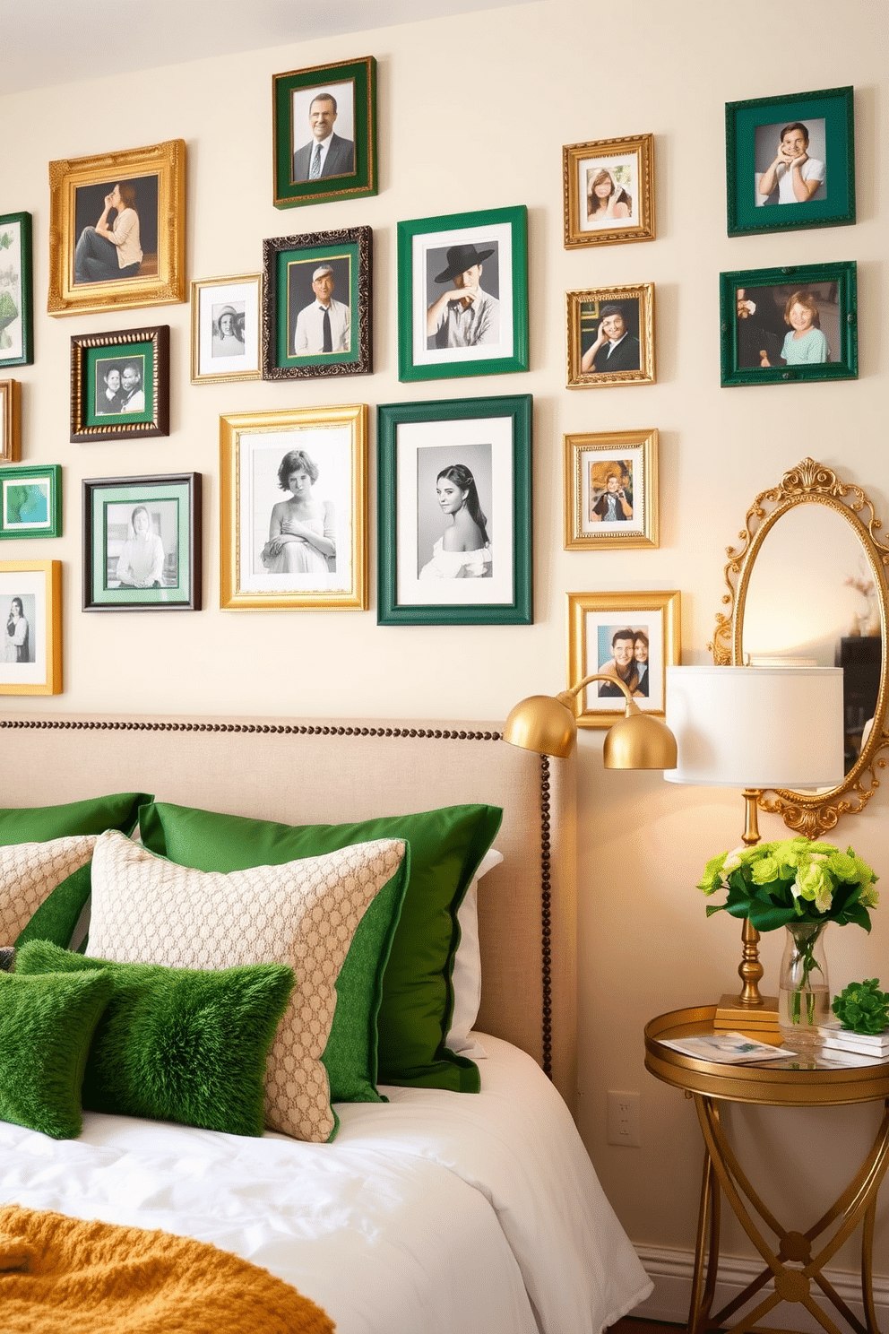 A cozy bedroom adorned with green and gold picture frames that showcase various art pieces and family photos. The walls are painted a soft cream, enhancing the warmth of the space, while plush green bedding adds a festive touch for St. Patrick's Day. Decorative gold accents, such as a stylish lamp and a chic mirror, complement the frames and create an inviting atmosphere. A small table beside the bed features a vase of fresh green flowers, completing the seasonal decor.