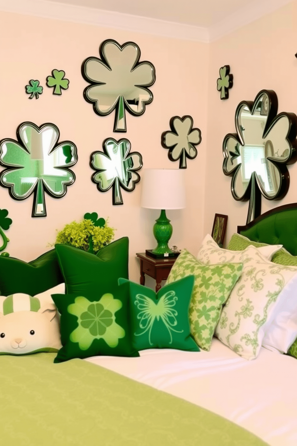 A whimsical bedroom adorned with shamrock-shaped mirrors that reflect the festive spirit of St. Patrick's Day. The walls are painted a soft cream, and touches of green decor, such as pillows and throws, are scattered throughout the space to enhance the holiday theme.