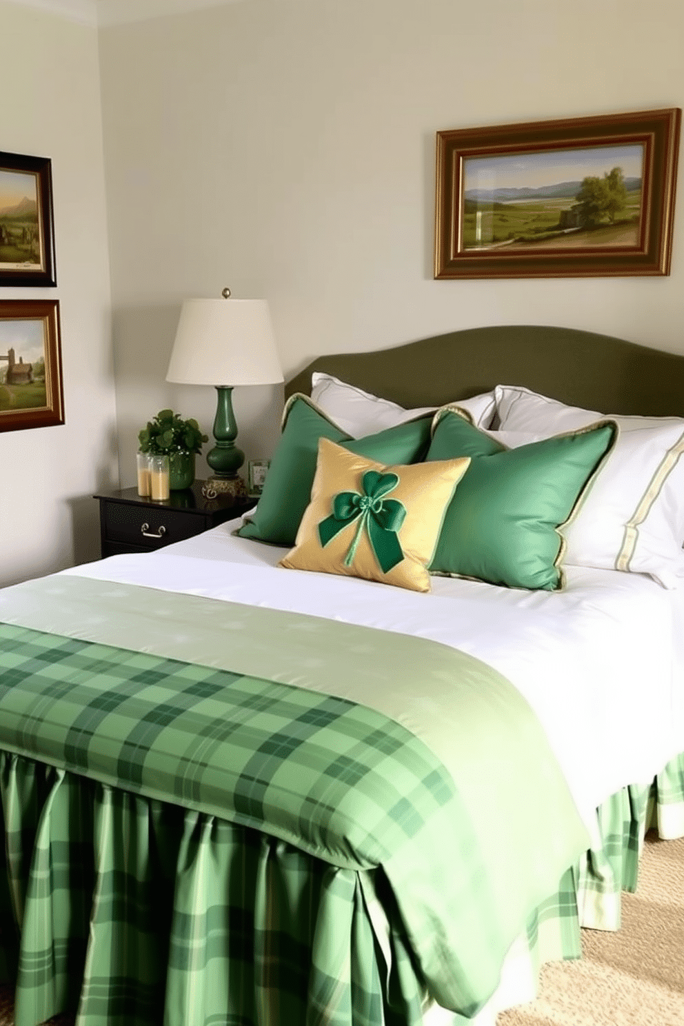 A charming bedroom adorned for St. Patrick's Day features a green plaid bed skirt that adds a festive touch to the bed. The room is accented with soft, white linens and decorative pillows in shades of green and gold, creating a cozy and inviting atmosphere. On the walls, subtle green accents are complemented by artwork depicting Irish landscapes and symbols. A small table beside the bed holds a decorative shamrock plant and a few gold-trimmed candles, enhancing the holiday spirit.