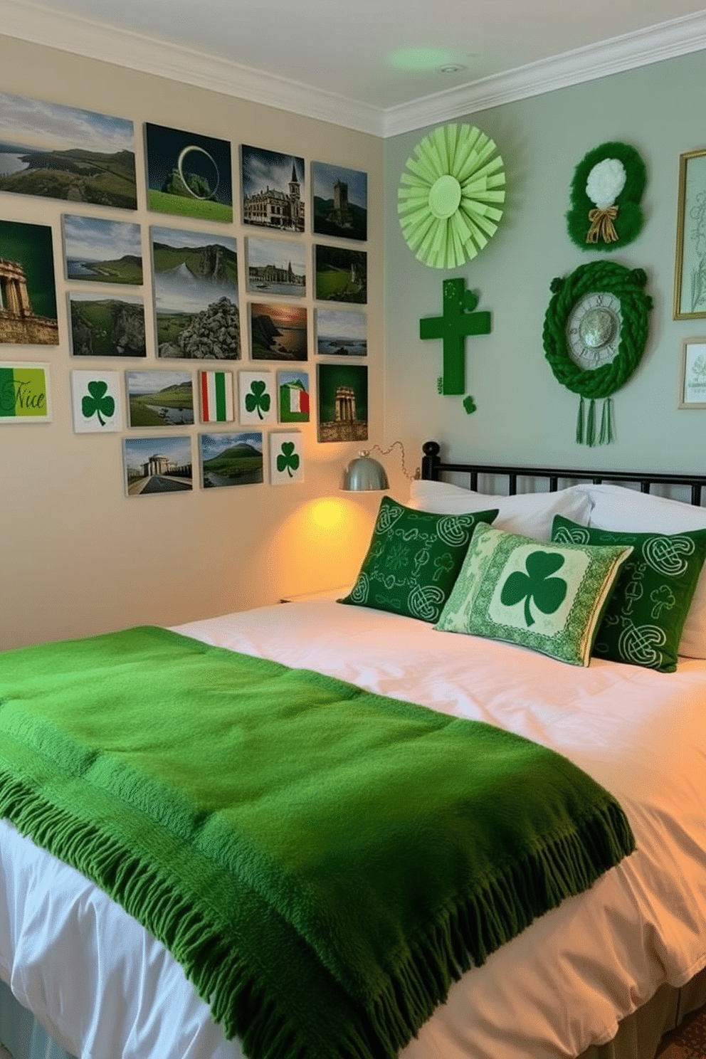 A cozy bedroom adorned with Irish-themed decor. The walls feature a curated photo gallery showcasing scenic landscapes of Ireland, traditional Irish symbols, and vibrant green accents. Soft, warm lighting illuminates the space, creating an inviting atmosphere. A plush green throw blanket drapes over the bed, complemented by decorative pillows featuring Celtic patterns and shamrocks for a festive touch.