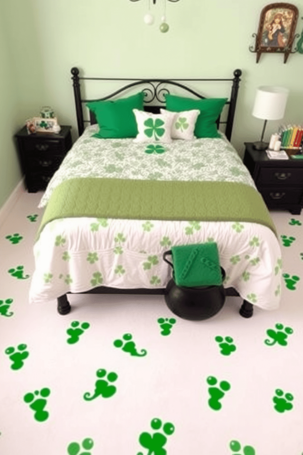 A whimsical bedroom setting adorned with Leprechaun footprint decals scattered across the floor, creating a playful and festive atmosphere for St. Patrick's Day. The walls are painted a soft pastel green, and a cozy bed is dressed in a mix of shamrock-patterned bedding and vibrant green throw pillows.