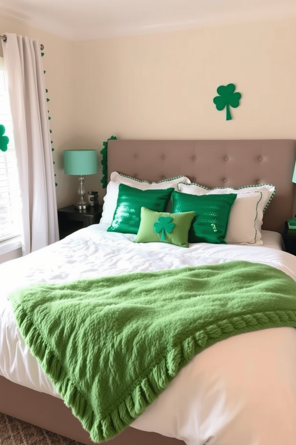 A cozy bedroom adorned for St. Patrick's Day, featuring a plush green sequin throw draped across a neatly made bed. The walls are painted in a soft cream hue, and decorative shamrock accents are placed on the nightstands, creating a festive yet elegant atmosphere.