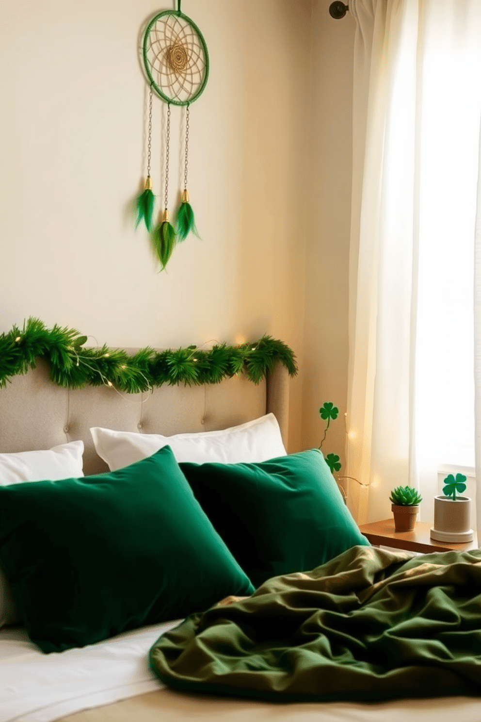 A serene bedroom adorned with a green and gold dreamcatcher hanging above the bed, which features plush emerald pillows and a soft, gold-accented throw blanket. The walls are painted a light cream, creating a warm backdrop for the intricate dreamcatcher, while natural light filters through sheer curtains, enhancing the tranquil atmosphere. A cozy corner of the room showcases St. Patrick's Day decorating ideas, with small potted shamrocks placed on the nightstand and a whimsical green garland draped across the headboard. Delicate fairy lights twinkle softly, adding a festive touch to the space while maintaining an elegant and inviting ambiance.