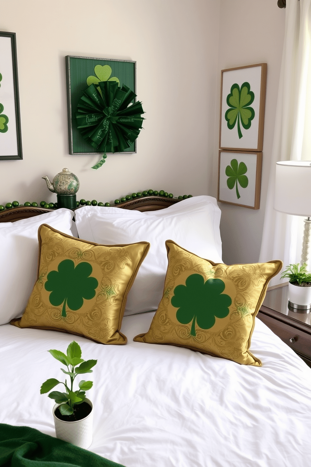 A cozy bedroom adorned with gold accent pillows that add a touch of elegance to the space. The bed is dressed in soft white linens, while the pillows feature intricate patterns that reflect the spirit of St. Patrick's Day. Green and gold decorations are tastefully arranged around the room, including shamrock-themed artwork on the walls. A small potted plant with vibrant green leaves sits on the nightstand, complementing the festive decor.