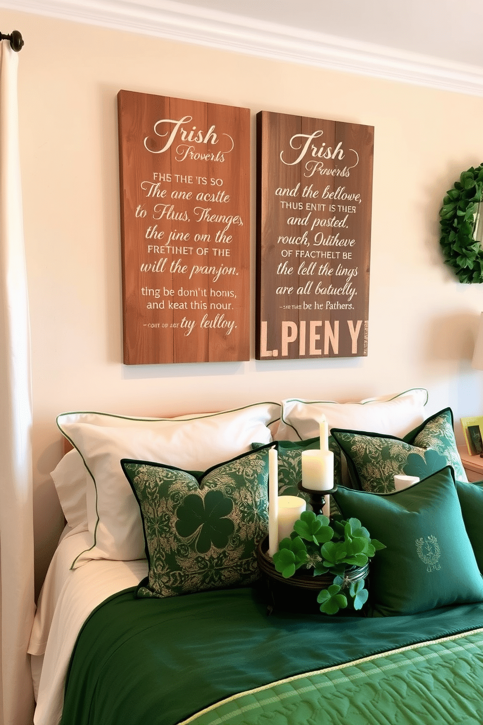 A charming bedroom adorned with Irish proverb wall art that features elegant calligraphy on rustic wooden panels. The artwork is complemented by soft green and gold accents throughout the room, creating a warm and inviting atmosphere for St. Patrick's Day celebrations. Cozy bedding in shades of cream and emerald green enhances the theme, while decorative throw pillows showcase traditional Irish patterns. A small side table holds a festive arrangement of shamrocks and candles, adding a touch of whimsy and charm to the space.