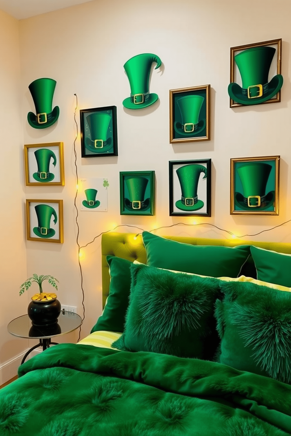 A vibrant bedroom adorned with Leprechaun hat wall art, featuring multiple framed pieces showcasing whimsical designs in green and gold. The walls are painted a soft cream, creating a warm backdrop for the festive decor, while plush emerald green bedding adds a touch of luxury. In one corner, a small side table holds a decorative pot of gold, complementing the playful theme. String lights drape gently across the headboard, casting a cozy glow perfect for celebrating St. Patrick's Day.