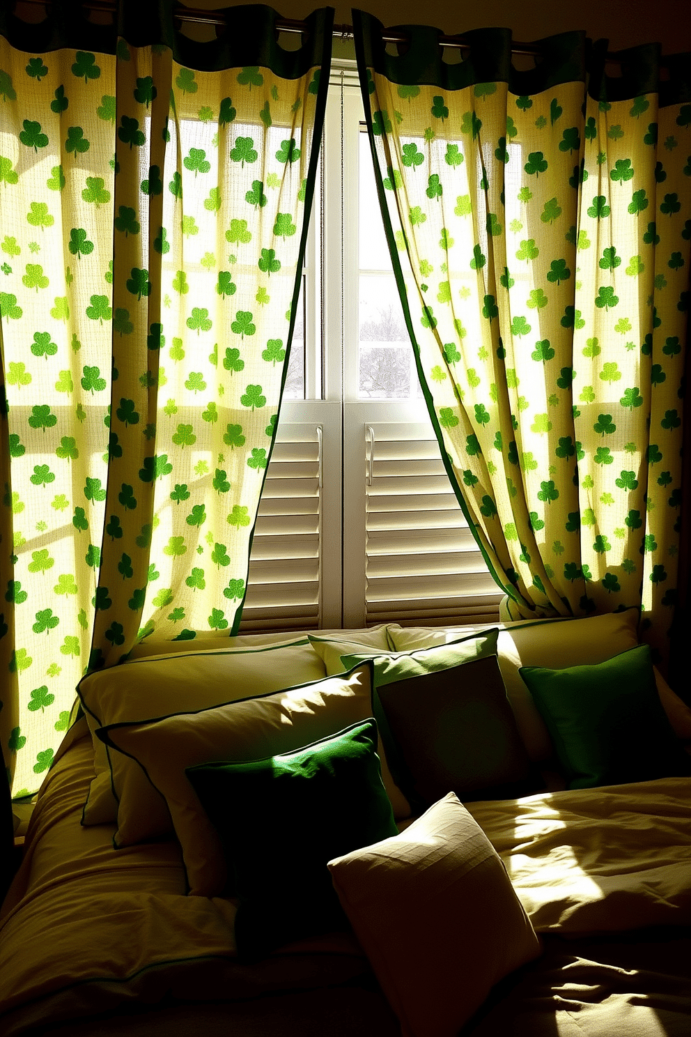 A cozy bedroom adorned with shamrock-patterned curtains that gently filter the sunlight, casting playful shadows across the room. The bedding features a mix of green and white hues, complemented by decorative pillows in various textures to enhance the festive St. Patrick's Day ambiance.