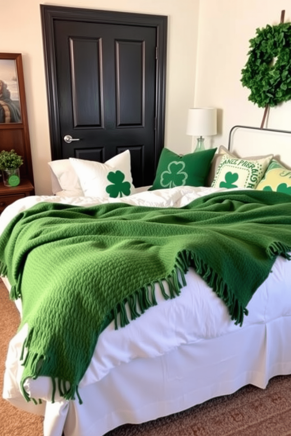 A cozy bedroom adorned with green and white throw blankets draped over a plush bed. The room features soft, ambient lighting and decorative accents that evoke a festive St. Patrick's Day spirit, such as shamrock-patterned cushions and a wreath made of green foliage on the door.