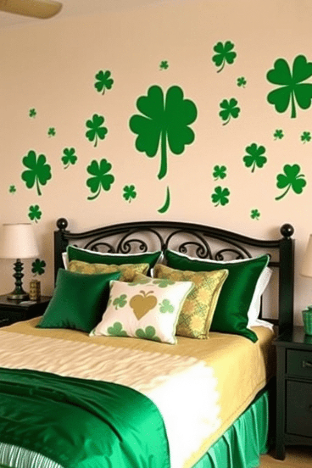 A cozy bedroom adorned with Irish-themed wall decals, featuring shamrocks and Celtic designs in vibrant green hues. The decor captures the essence of St. Patrick's Day, with accents of gold and white to create a festive yet inviting atmosphere.