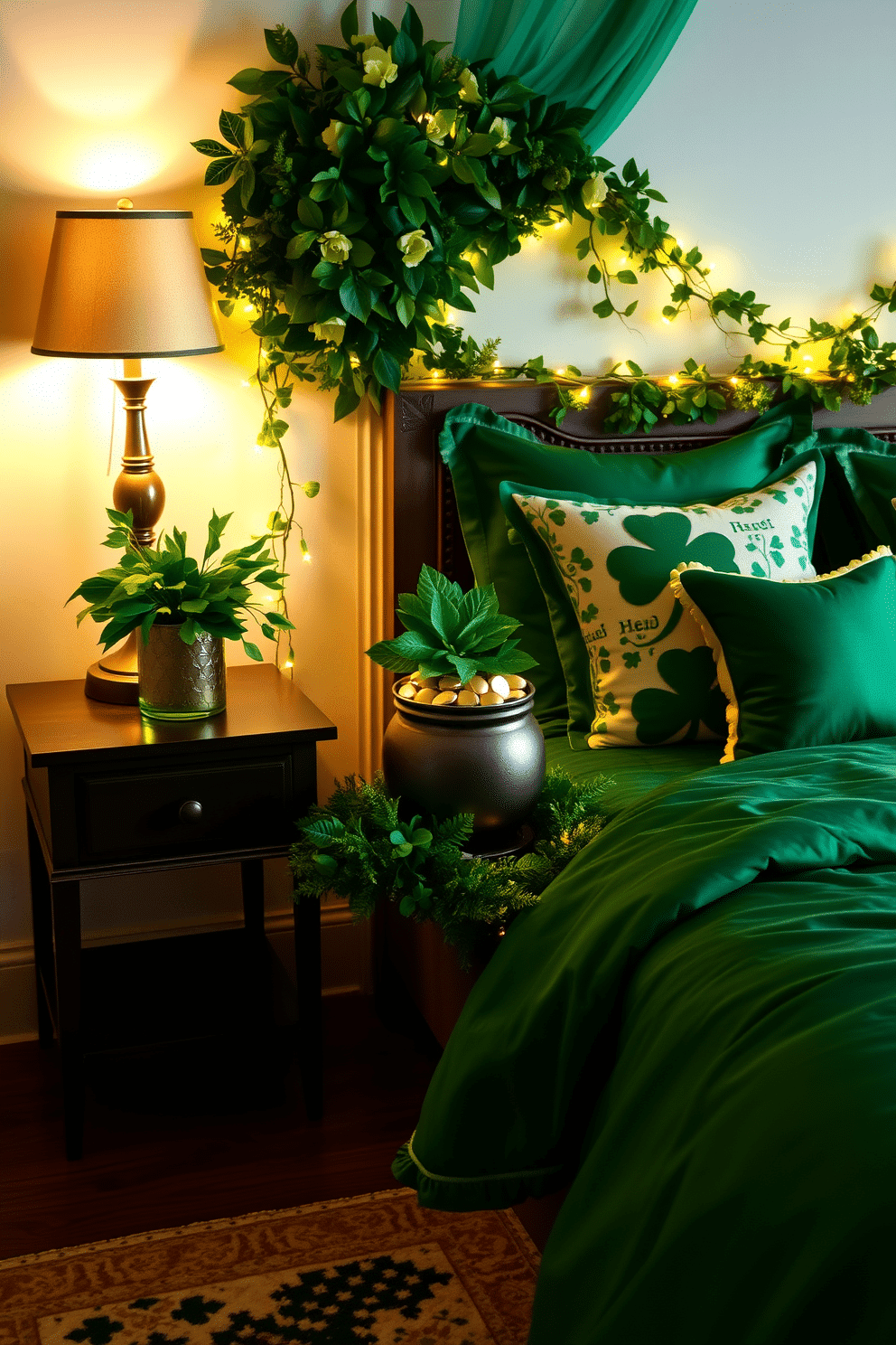 A stunning bedroom adorned for St. Patrick's Day, featuring a pot of gold centerpiece on the nightstand, surrounded by lush green foliage and twinkling fairy lights. The bed is dressed in rich emerald green linens, with decorative pillows showcasing shamrock patterns, creating a festive yet cozy atmosphere.