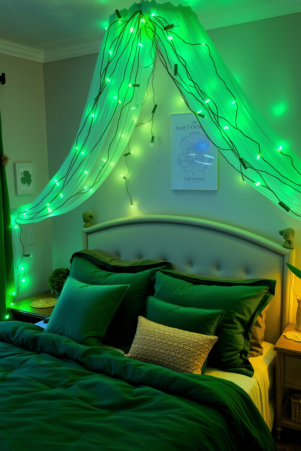 A whimsical bedroom adorned with a canopy of green fairy lights, creating a magical atmosphere. The lights drape gracefully above the bed, casting a soft glow that enhances the festive St. Patrick's Day decorations. The bed is dressed in rich emerald green linens, complemented by plush pillows in varying shades of green and gold. Around the room, playful accents like shamrock garlands and gold accents add to the celebratory spirit of the holiday.