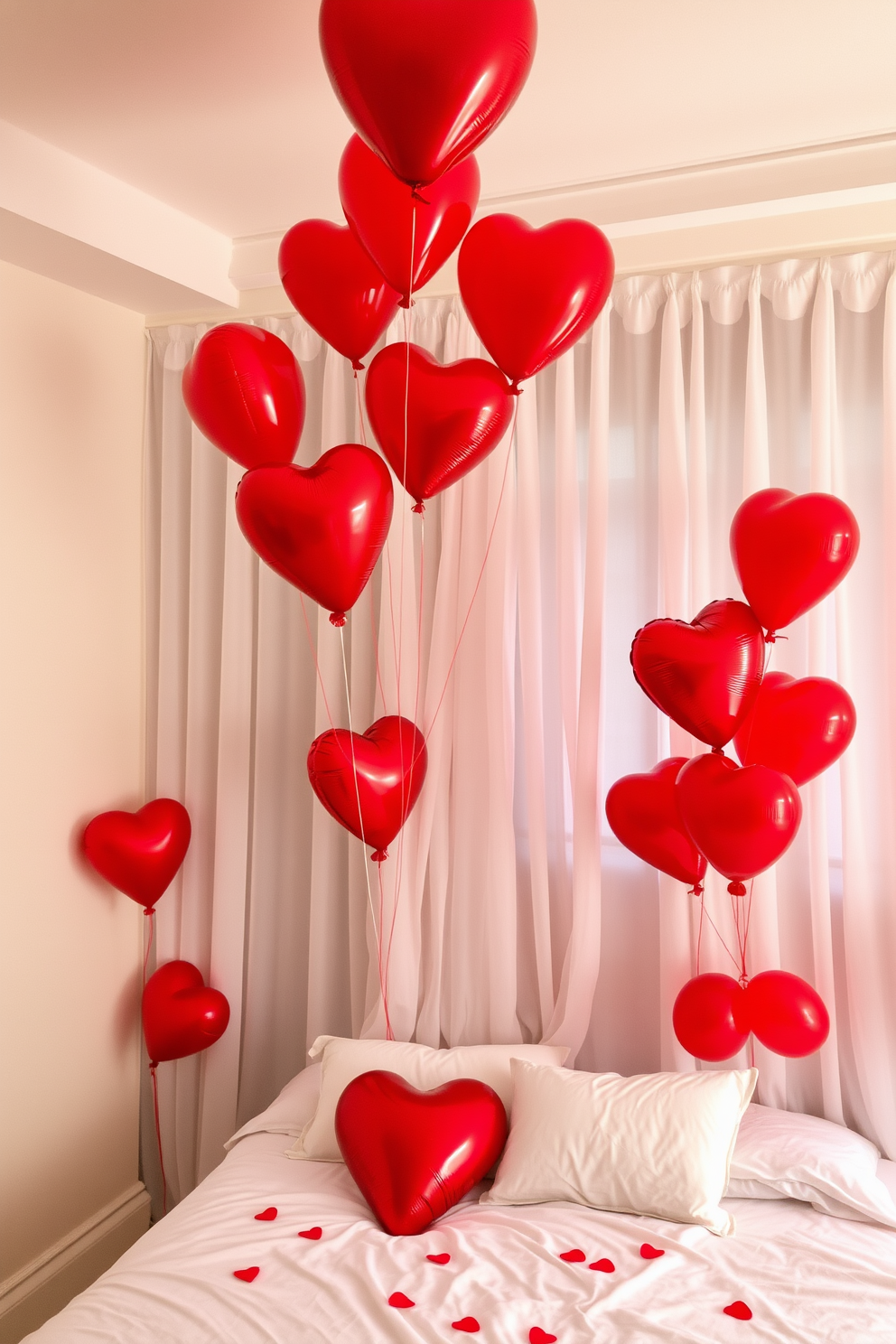 A romantic bedroom setting adorned with vibrant red balloons and whimsical heart-shaped balloons. The walls are draped in soft, sheer curtains that flutter gently, creating an inviting atmosphere for Valentine's Day celebrations.