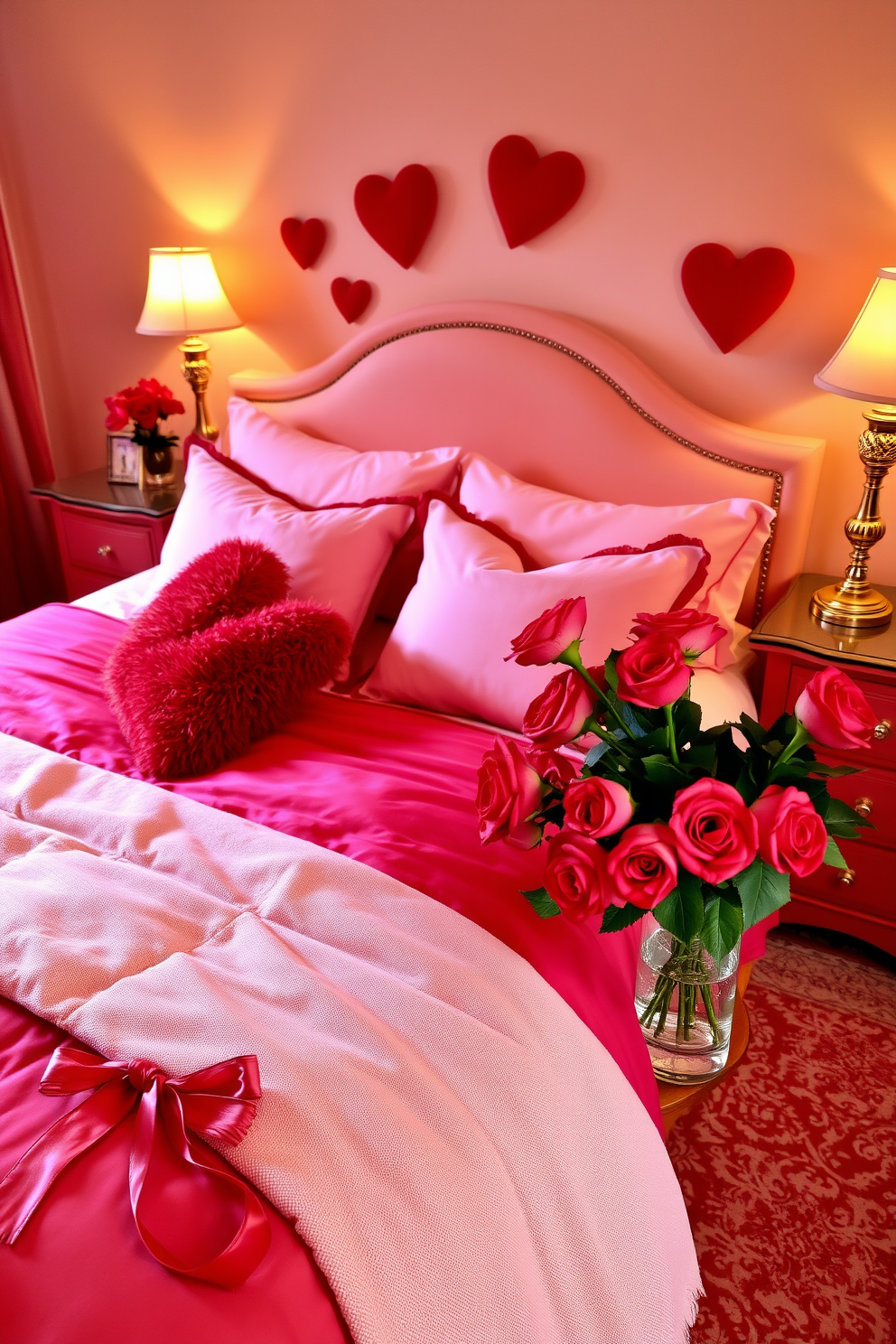 A cozy bedroom adorned with red and pink bed linens, creating a romantic atmosphere perfect for Valentine's Day. The bed is dressed with plush pillows and a soft throw blanket, while heart-shaped decor accents the space. On the nightstands, elegant lamps with warm lighting provide a soft glow, enhancing the intimate feel of the room. A bouquet of fresh roses sits in a vase on the dresser, adding a touch of natural beauty to the decor.