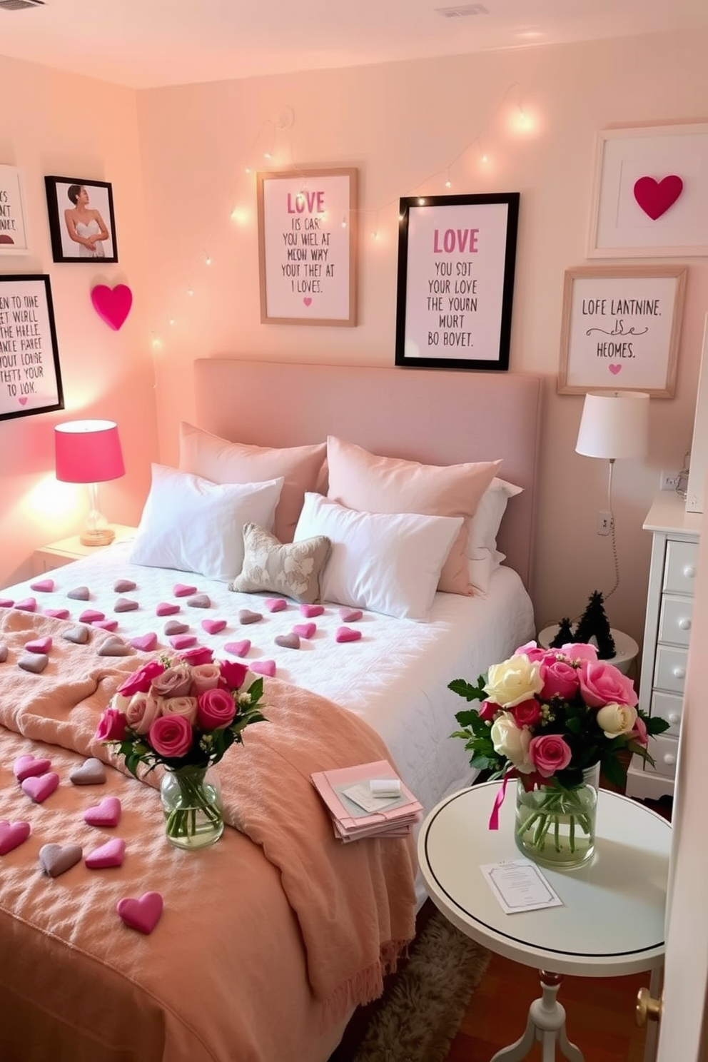 A charming bedroom adorned for Valentine's Day, featuring DIY cement hearts scattered across the nightstands and dresser. Soft, ambient lighting casts a warm glow, enhancing the romantic atmosphere with pastel-colored pillows and throws on the bed. The walls are decorated with framed love quotes and heart-themed artwork, creating a cozy and inviting space. A small table is set up in the corner with a bouquet of fresh flowers and a stack of love letters, adding a personal touch to the decor.