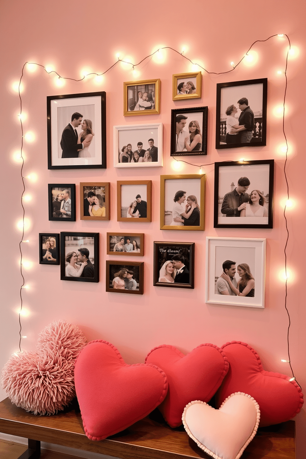 A love-themed photo wall adorned with a collection of framed memories in various sizes, showcasing moments shared between couples. Soft fairy lights twinkle around the frames, adding a warm and romantic glow to the space. The backdrop features a gentle blush pink hue, creating a cozy and inviting atmosphere perfect for Valentine's Day. Plush cushions in heart shapes are scattered on a nearby bench, inviting couples to sit and reminisce about their favorite memories.