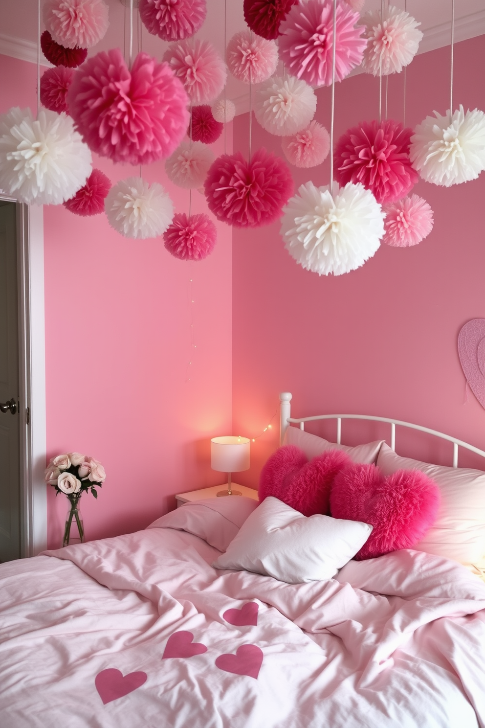 A cozy bedroom adorned with heart-shaped pom-poms hanging from the ceiling, creating a whimsical atmosphere. The bed is dressed in soft, pastel-colored linens, complemented by fluffy throw pillows in heart patterns, inviting relaxation and romance. The walls are painted in a warm blush hue, enhancing the Valentine's Day theme. A small bedside table holds a delicate vase filled with fresh roses, while fairy lights twinkle softly, adding a touch of magic to the space.