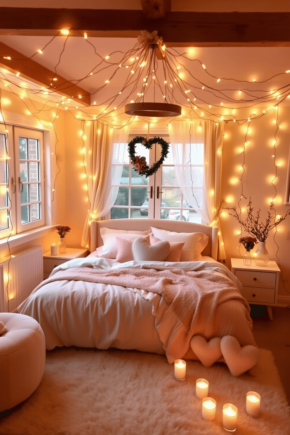 A cozy bedroom adorned with soft, romantic fairy lights draped across the ceiling and around the window frames, casting a warm glow throughout the space. The bed is dressed in plush, pastel-colored linens, with heart-shaped pillows and a delicate throw blanket, creating an inviting atmosphere perfect for Valentine's Day. On the nightstands, small vases hold fresh flowers, while a heart-shaped wreath hangs above the headboard, adding a whimsical touch. The floor is covered with a plush area rug, and scattered candles create an enchanting ambiance, enhancing the romantic feel of the room.