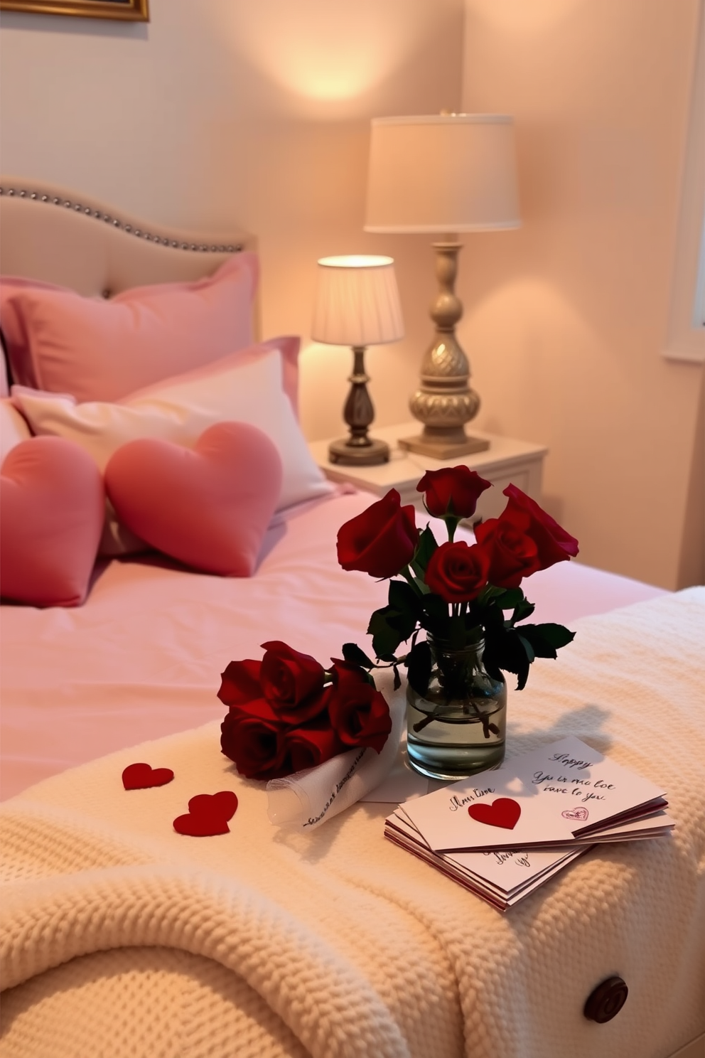 A cozy bedroom adorned with romantic touches for Valentine's Day. The bed is dressed in soft, blush pink linens, with heart-shaped throw pillows and a plush white blanket draped at the foot. On the nightstand, a small vase holds fresh red roses alongside a stack of personalized love notes. Soft, ambient lighting from a decorative lamp casts a warm glow, enhancing the intimate atmosphere of the space.