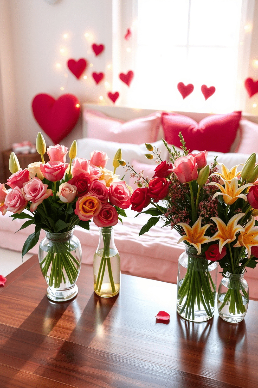 A collection of vibrant flower arrangements in elegant vases, showcasing a mix of roses, tulips, and lilies, each carefully arranged to highlight their natural beauty. The vases are placed on a polished wooden table, with soft natural light filtering through a nearby window, casting gentle shadows. A cozy bedroom adorned with romantic Valentine's Day decorations, featuring heart-shaped pillows and soft, warm lighting. Delicate garlands of fairy lights are draped across the headboard, creating an inviting and intimate atmosphere.